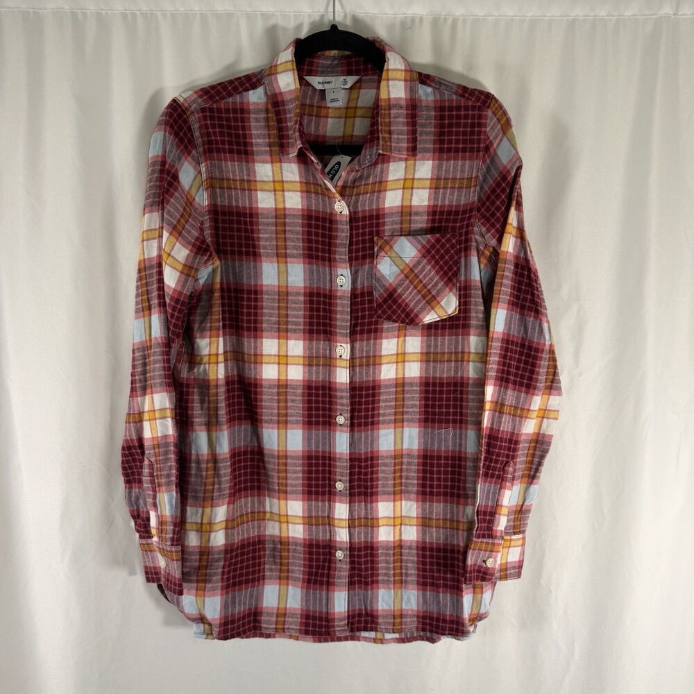 New Old Navy The Tunic Shirt Women's Small Pink Plaid Button Up Long Sleeve Coll